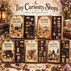 May include: Five miniature matchbox kits titled Tiny Curiosity Shops, featuring The Keeper's Curio Shop, The Moonlight Tea Party, The Midnight Bookshop, The Enchanted Florist, and The Witch's Apothecary, each containing small themed items.
