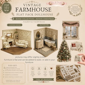 May include: A printable vintage farmhouse flat pack dollhouse kit featuring a lounge room and bathroom with furniture, wallpaper, and flooring. Includes a bonus Christmas elements pack with a tree, window, and sofa. Text includes VINTAGE FARMHOUSE FLAT PACK DOLLHOUSE and UMA JO DESIGNS.