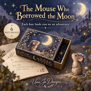 以下が含まれることがあります： The Mouse Who Borrowed the Moonというタイトルのマッチ箱6個セット。ナイトキャップを被ったネズミが三日月を見上げている紺色の箱が特徴です。A MOONLIT IDEA Dear Milo, I think the moon might be lonely sometimesと書かれたメモが含まれています。