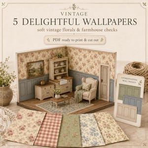 Delightful printable dollhouse wallpapers and floors, shabby chic floral swatches, framed art mockup