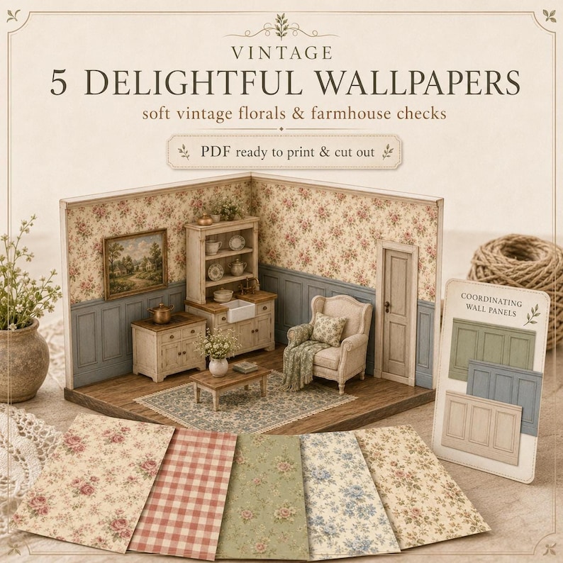Delightful printable dollhouse wallpapers and floors, shabby chic floral swatches, framed art mockup