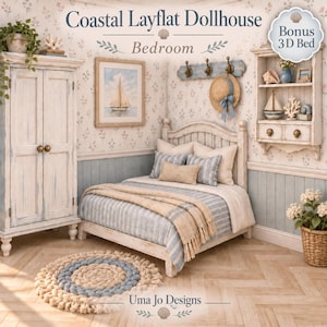 May include: A miniature bedroom set titled Coastal Layflat Dollhouse Bedroom featuring a white wardrobe, a bed with blue striped bedding and a beige throw, a wall-mounted shelf with decor, a round braided rug, and a framed sailboat picture.