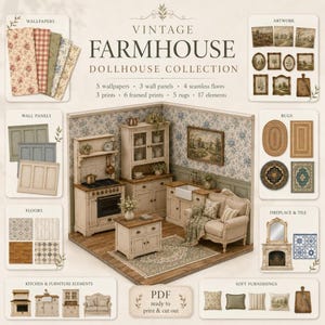 Imprimibles para casas de muñecas estilo granja, decoración vintage, descarga digital de pisos imprimibles