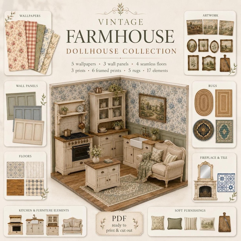 Cozy 1:12 farmhouse dollhouse printables corner, warm beige wallpapers, seamless wood floors