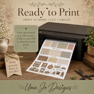 Ready to print farmhouse dollhouse DIY kit, digital download sheets laid on a craft desk