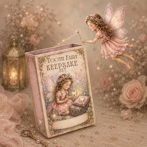 Könnte beinhalten: Eine rechteckige Schachtel mit der Aufschrift Tooth Fairy Keepsake Set und einer Illustration einer Fee, die einen Zahn hält. Eine zweite Fee mit rosa Flügeln und Blumenkranz schwebt darüber und hält einen Zauberstab mit Stern.
