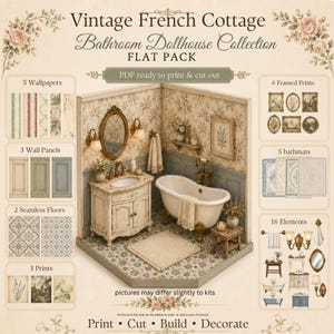 May include: A Vintage French Cottage Bathroom Dollhouse Collection flat pack kit featuring printable PDF files for 5 wallpapers, 3 wall panels, 2 seamless floors, 3 prints, 6 framed prints, 5 bathmats, and 16 elements to print, cut, build, and decorate.