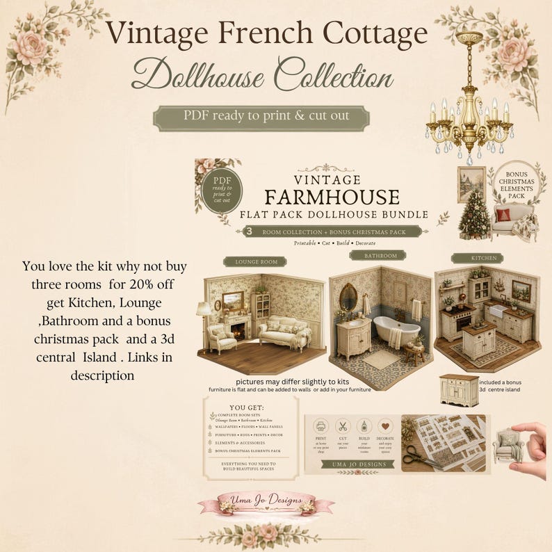 May include: A printable PDF dollhouse kit titled Vintage French Cottage Dollhouse Collection. The set includes a lounge, bathroom, and kitchen with furniture, wall panels, and a bonus Christmas pack. Features include a 3D central island and instructions to print, cut, build, and decorate miniature rooms.