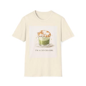 Cat Matcha T-Shirt, Cozy Minimalist Graphic Tee, Unisex Softstyle Cat Lover Shirt