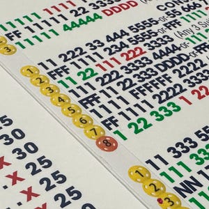 May include: A white informational sheet featuring rows of black, green, and red text with numerical sequences and letter codes. A diagonal column of yellow circular stickers numbered one through eight is aligned along the left side of the text.