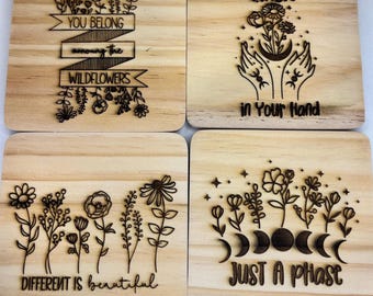 Witchy Wooden Coaster Set, Engraved Floral Coasters, Boho Drink Coasters, Affirmation Decor, Gift for Her, Cottagecore Home