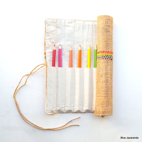 Burlap Pencil Roll - Holds 12 Pencils / Crayons / Brushes / Pens / Hooks