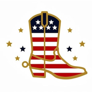 Puede incluir: Una ilustración gráfica de una bota vaquera con el patrón de la bandera estadounidense, con rayas horizontales rojas y blancas y una sección superior azul oscuro con estrellas blancas. La bota tiene un borde dorado y está rodeada de estrellas.