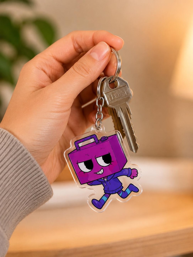May include: A clear acrylic keychain featuring a cartoon character with a purple rectangular head, wearing a dark blue hoodie and striped leggings, attached to a silver metal split ring that also holds a standard silver house key.