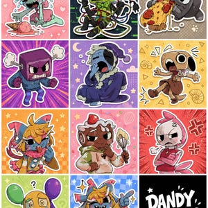 Puede incluir: Una colección de doce pegatinas cuadradas con personajes de dibujos animados en varias poses expresivas, incluyendo una figura llorando con helado, un personaje con cabeza de televisión, un gato comiendo pizza y el texto DANDY MEMES.