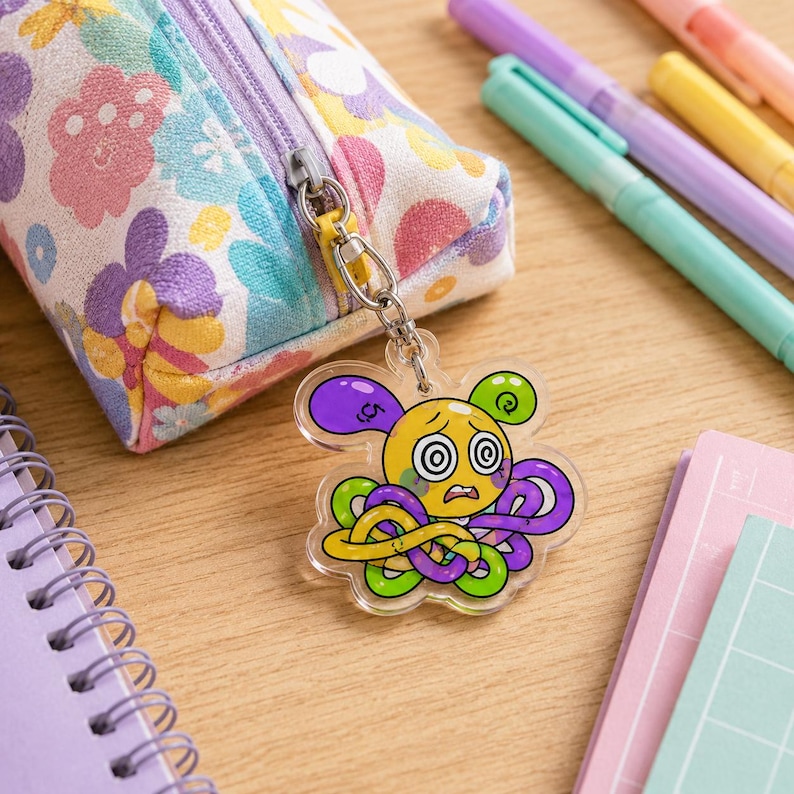 May include: A floral patterned pencil case with a zipper closure attached to a clear acrylic keychain. The keychain features a yellow cartoon character with swirling eyes and multiple purple and green tentacles, dangling from a silver metal chain.