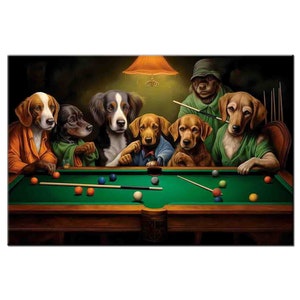 Dogs Print-Playing Pool Painting-Dogs Painting-Dogs Playing Pool Billiards Oil Painting Pictures Printed On Canvas-Billiards Room Decor