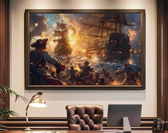 Puede incluir: Una obra de arte enmarcada que representa una dramática escena de batalla de barcos piratas con explosiones de fuego y figuras detalladas. La obra de arte se exhibe sobre un escritorio de madera oscura en un entorno de oficina bien equipado. El marco es de color marrón oscuro. El texto en la parte inferior dice: "Frame shown for styling purposes only. This listing does NOT include the outer frame."
