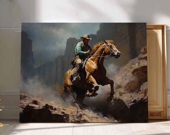 馬に乗ったカウボーイのキャニオンビューキャンバスアート、西部の風景