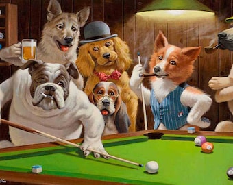 dogs playing pool on black velvet