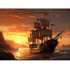 Pirate Ship painting-Ship painting-Pirate Ship Prints-Boat painting-Pirates Ship Oil painting pictures printed on canvas-Giclée Prints-III