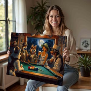 Dogs Playing Pool Billiards Oil Painting Printed On Canvas,Dogs Prints,Playing Pool Painting,Wall Art,Dogs Painting,Billiards Room Decor