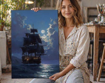 Moonlit Tall Ship Wall Art, Night Sailing Ship Canvas Print, Nautical Seascape Giclee, Vintage Maritime Decor, Ocean Wall Art