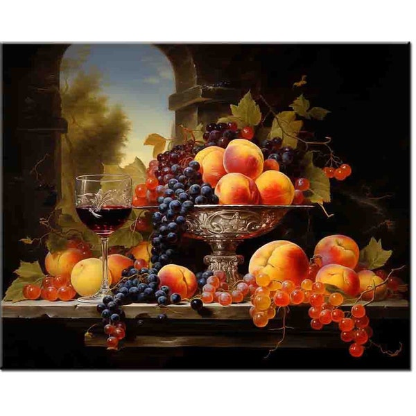 Classical Painting,Wine Painting,Fruit Painting, Still Life Painting, Fruit Wine Classical Oil Painting Printed on canvas-Home Wall Decor