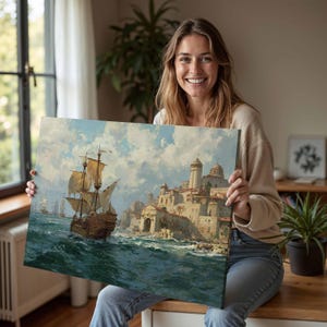 Sailboat Nautical Oil Painting Printed On Canvas,Pirate Ship Wall Art Prints,Medieval Harbor Nautical Ocean Giclée Print,Pirate Ship  Poster