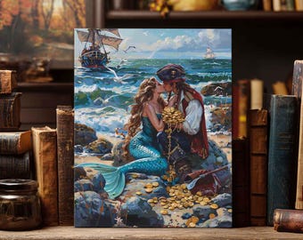 Impresión en lienzo giclée de Sirena iluminada por el sol y Beso Pirata, Arte mural de fantasía costera, Mar turquesa, Gaviotas, Monedas del tesoro, Decoración de playa