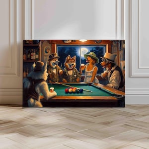 Dogs Playing Pool Canvas Print: Humorous Billiards Room Wall Art