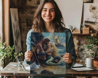 Mermaid Vintage Oil Painting,Pirate And Mermaid Giclée Print,Love Romance Painting,Siren Art Poster Print,Beach Ocean Wall Art Decor