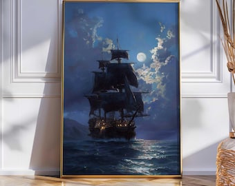 Moonlit Tall Ship Wall Art, Night Sailing Ship Canvas Print, Nautical Seascape Giclee, Vintage Maritime Decor, Ocean Wall Art