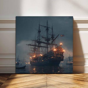 Op de afbeelding: Een canvas print met een gedetailleerde afbeelding van een groot zeilschip op zee onder een donkere, bewolkte hemel. Het schip is verlicht met warme, gouden lichten, en andere kleinere schepen zijn zichtbaar in de verte. Het kunstwerk roept een gevoel van avontuur en historische maritieme thema's op.
