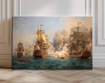 Tela raffigurante una battaglia navale epica, decorazione murale di navi da guerra d'epoca, giclée raffigurante combattimenti navali, stampa marittima storica, grande decorazione oceanica per ufficio