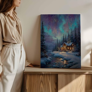 Aurora Borealis Poster,Cozy Winter Cabin Wall Art Prints, Snowy Forest Landscape with Northern Lights, Rustic Woodland Christmas Decor