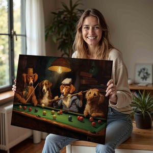 Dogs Oil Painting,Dog Print-Dogs Playing Pool Billiards Oil Painting Printed On Canvas,Billiards Room Decor,Home Wall Art Decor