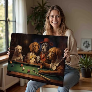 Dogs Playing Pool Canvas Print: Humorous Billiards Room Decor