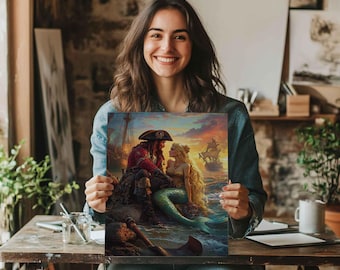 Mermaid and Pirate Giclée Print: Romantic Ocean Art Poster