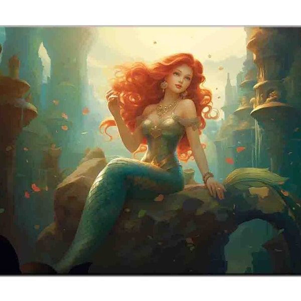 Mermaid Prints-Mermaid Oil Painting Picture Printed On Canvas-Mermaid Giclée Print-Wall Decor-Living Room Wall Decor-Office/Study Decor-II