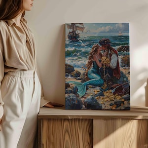 Pirate And Mermaid Giclée Print,Love Romance Painting,Beautiful Mermaid Painting,Siren Vintage Art Poster Print,Beach Ocean Wall Art Decor