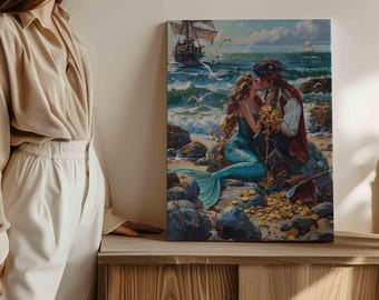 Pirate And Mermaid Giclée Print,Love Romance Painting,Beautiful Mermaid Painting,Siren Vintage Art Poster Print,Beach Ocean Wall Art Decor