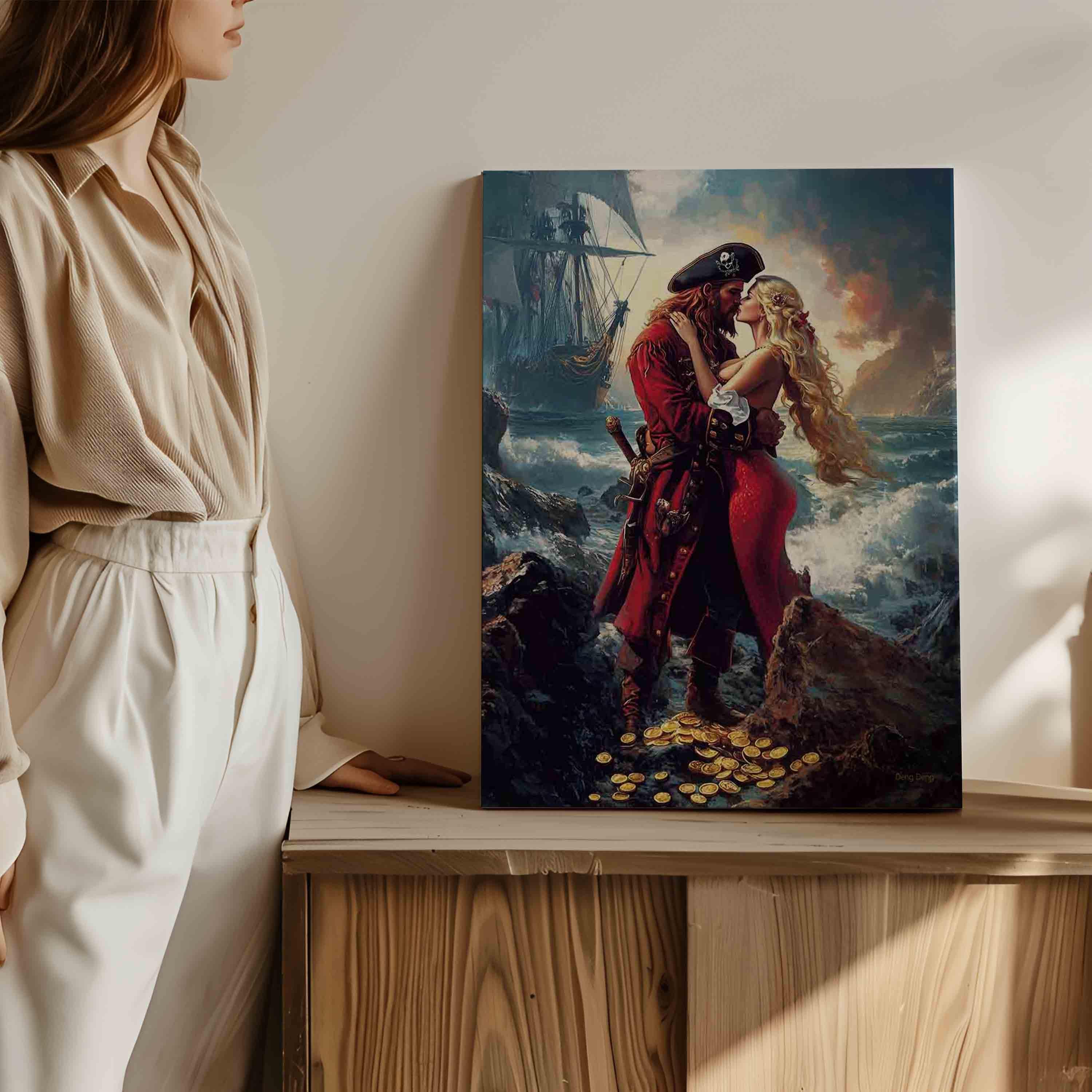 Pirate And Mermaid Giclée Print,Beautiful Mermaid Painting,Love Romance Painting,Vintage Nautical Fantasy Artwork,Beach Ocean Wall Art Decor