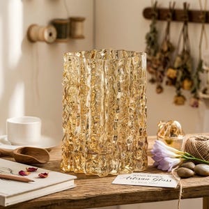 Handblown Ripple Glass Vase, Amber Textured Bud Vase, Unique Wavy Flower Pot, Minimalist Home Decor, Aesthetic Centerpiece, Gift for Her 140