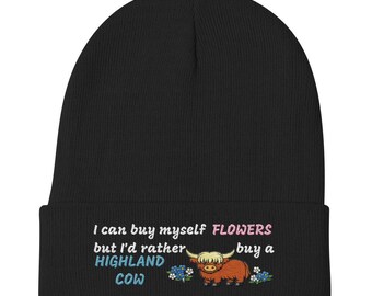 Embroidered Highland Cow Knit Beanie – Cotton Blend, Whimsical Animal Lover Hat