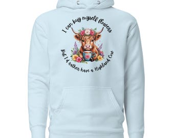 Highland Cow Floral Hoodie, Watercolor Print, Cottagecore Comfort, Cotton Heritage M2580