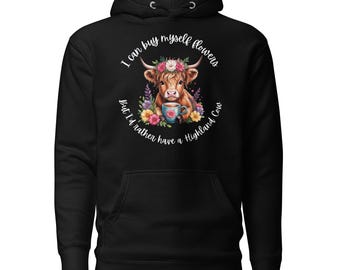 Highland Cow Floral Hoodie, Watercolor Print, Cottagecore Comfort, Cotton Heritage M2580