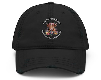 Distressed Highland Cow Dad Hat – Watercolor Floral Farm Animal Cap