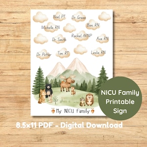 May include: A digital printable sign with a forest scene illustration, including animals and mountains. The sign features the text "My NICU Family" and names of medical staff. The sign is available as a digital download.