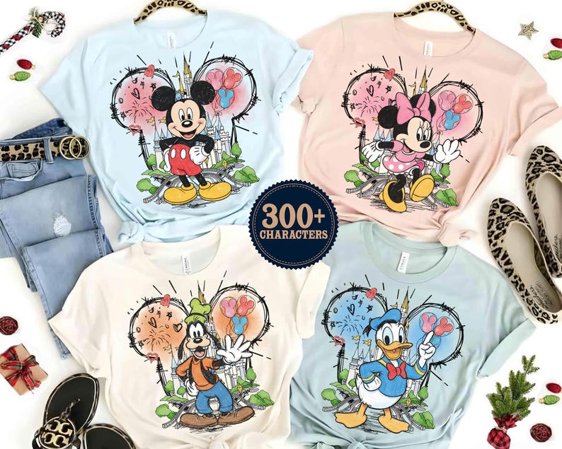 Custom Disney All Characters Mickey Head Sketch Tee, Disneyland Family Matching Shirt, Walt Disney World Vacation 2026 Gift Idea image 1
